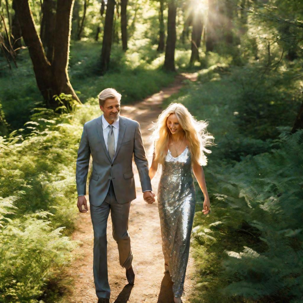 Пара гуляет по лесу в честь серебряной свадьбы