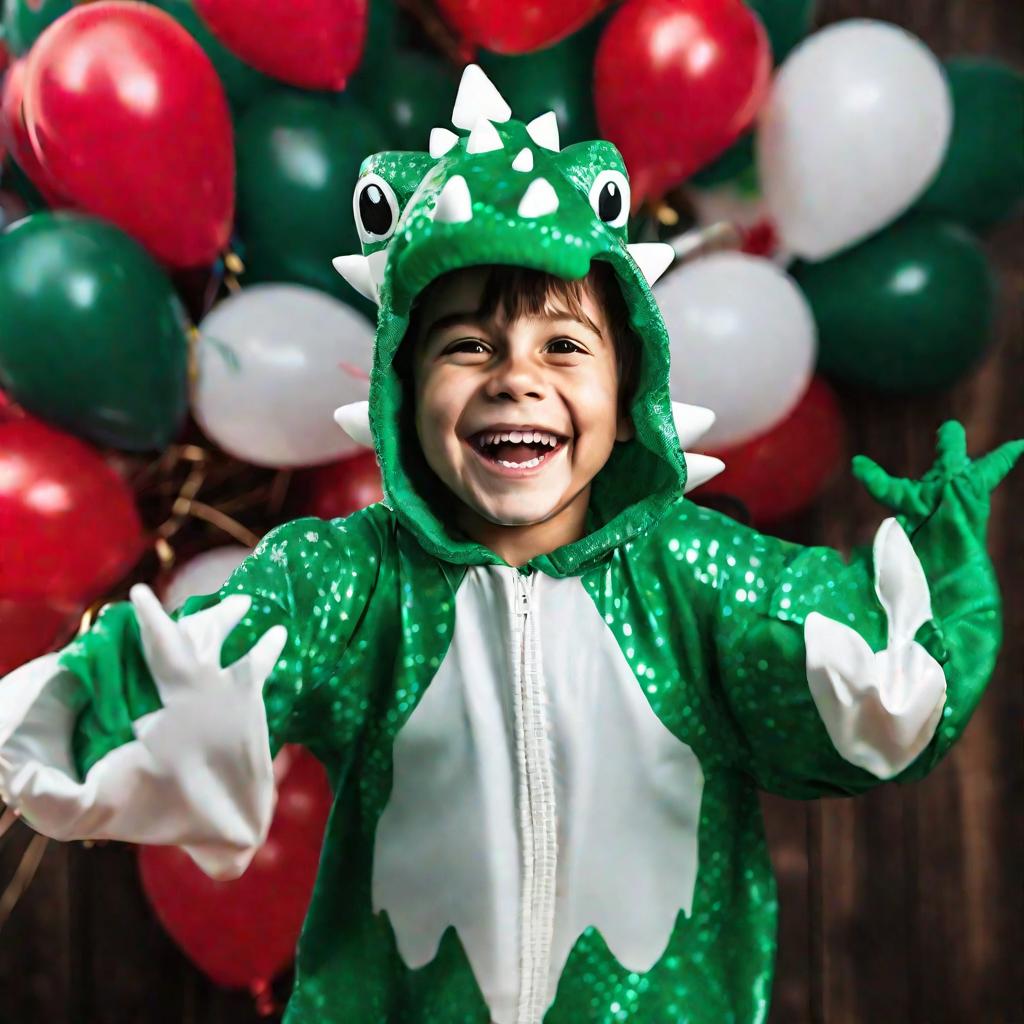 Мальчик в костюме динозавра с шарами