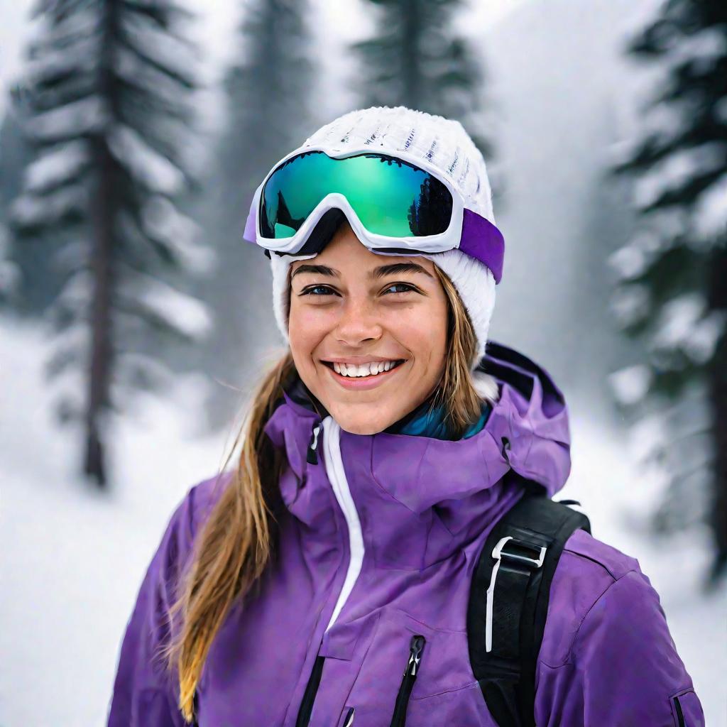 Улыбающаяся лыжница в фиолетовом костюме на склоне горы