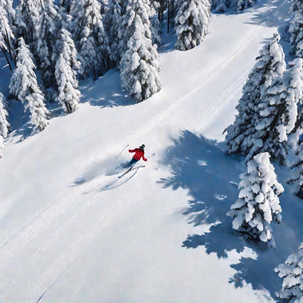 Женщина катается на лыжах по крутому склону, оставляя след на свежем снегу