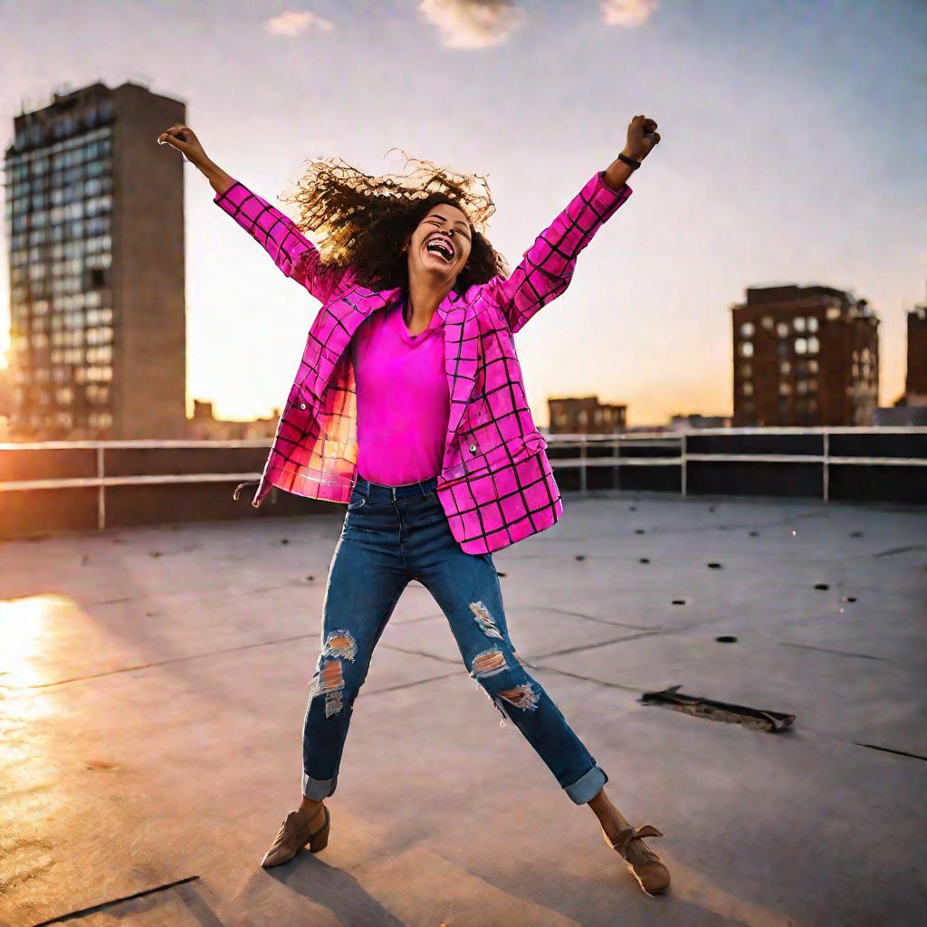 Девушка в розовом клетчатом пиджаке с джинсами на крыше