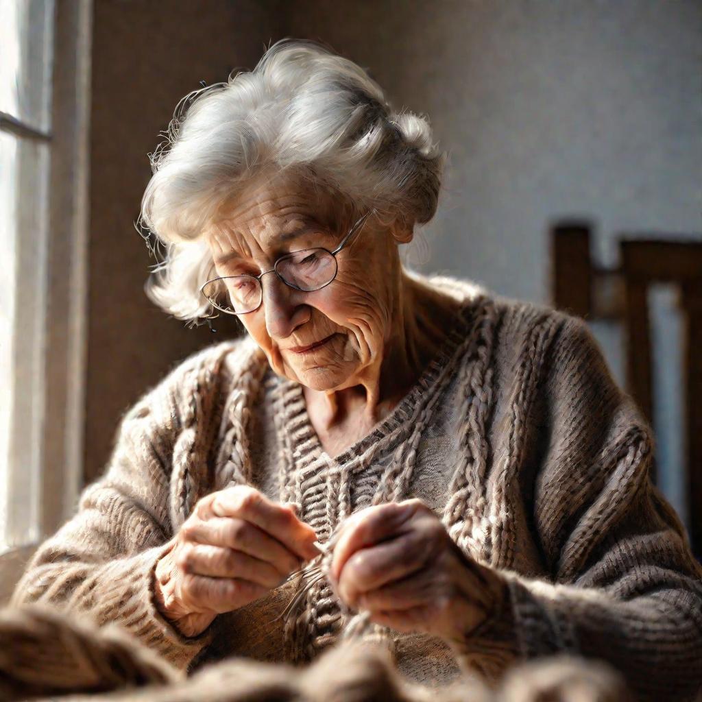 Портрет пожилой женщины, увлеченно вяжущей свитер коричневой пряжей в теплых лучах дневного света из окна