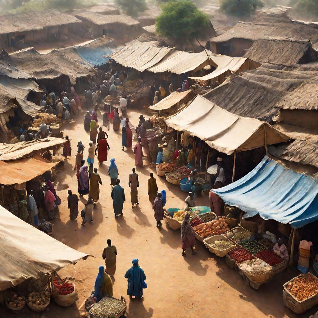 Оживленный традиционный рынок в деревне развивающейся страны Азии или Африки. Люди в национальных одеждах торгуют на разноцветных прилавках фруктами и овощами, ремесленными изделиями.
