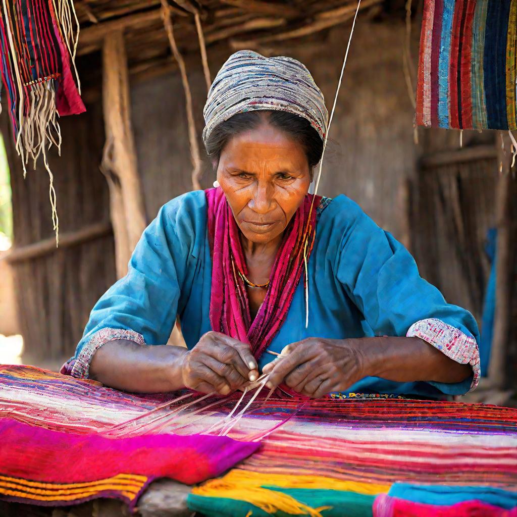 Портрет женщины в традиционной одежде, ткущей яркую ткань вручную в развивающейся стране. Ее лицо и руки показывают многолетний кропотливый труд.