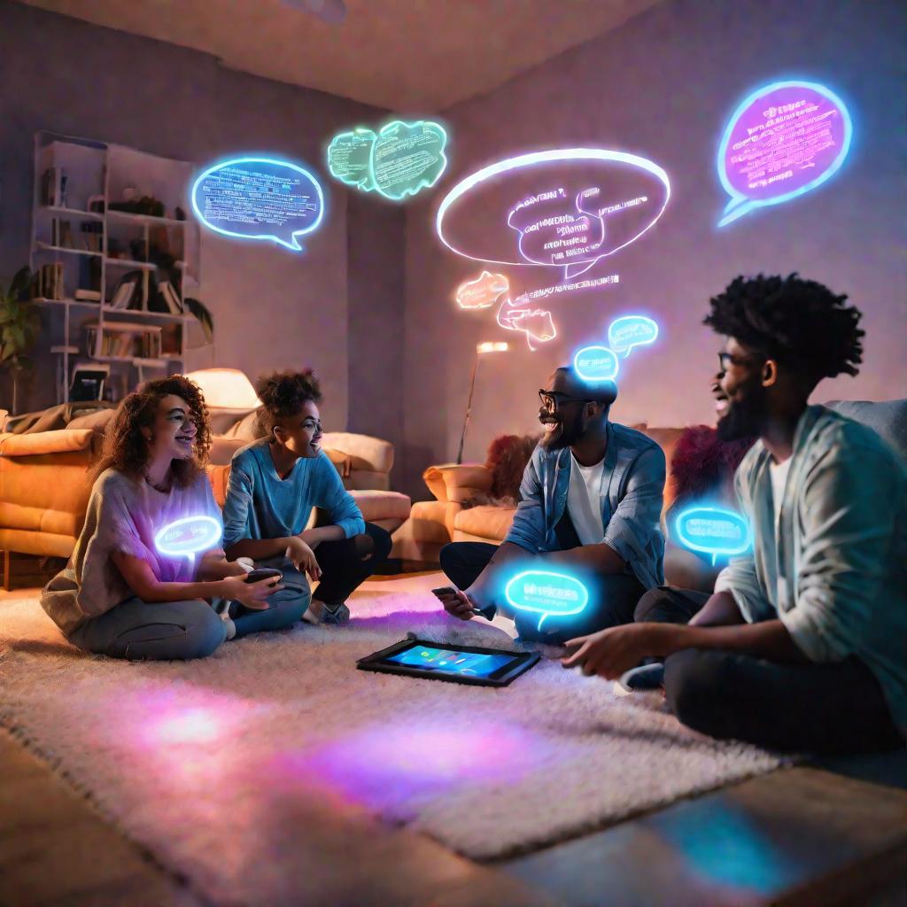 Пять молодых людей весело придумывают множество идей для уникальных ников на футуристических планшетах в гостиной с цветной подсветкой