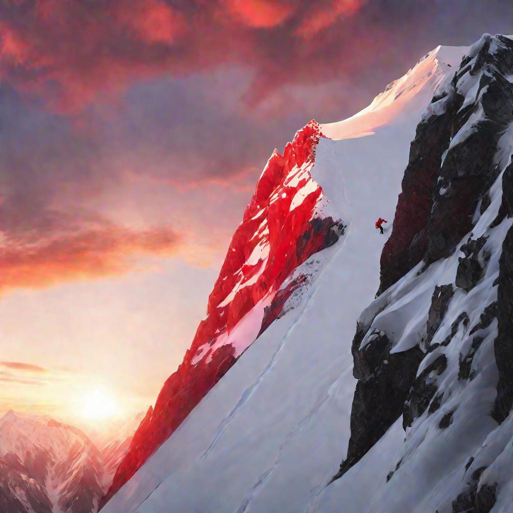 Альпинист падает с горы на фоне восходящего солнца