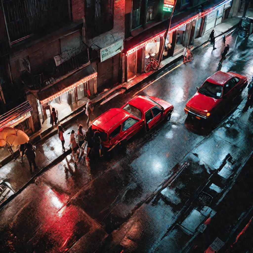 Драматичный вид сверху на машину, паркующуюся в ночном городе