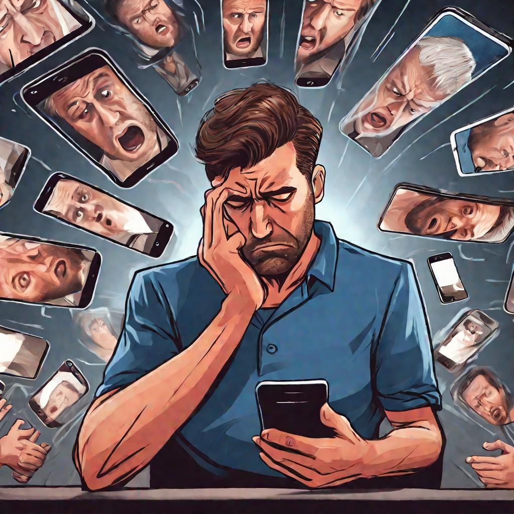 Мужчина читает фейки в смартфонах