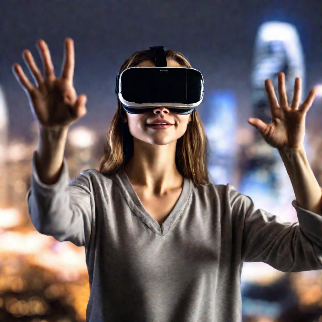 Девушка в очках виртуальной реальности на фоне города