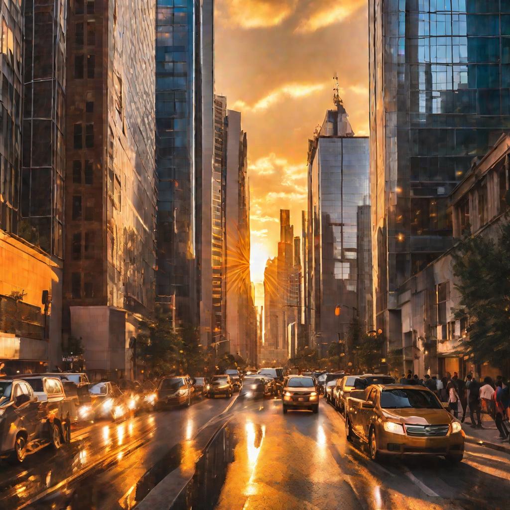 Оживленная улица в современном городе в золотистых лучах заката