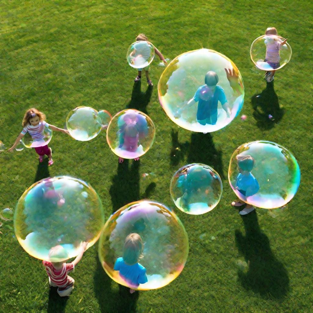 Дети играют с мыльными пузырями на лужайке