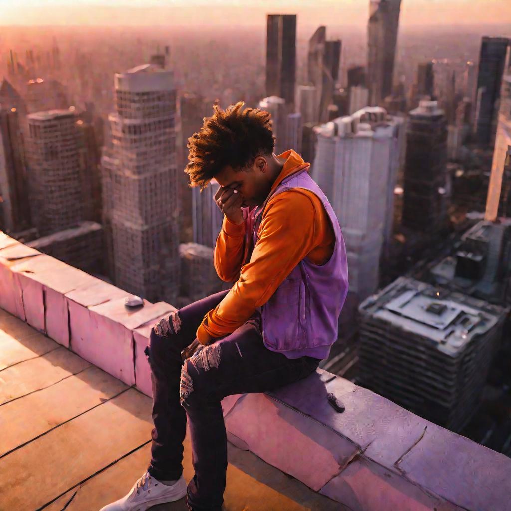 Мужчина на крыше небоскреба в раздумьях на закате