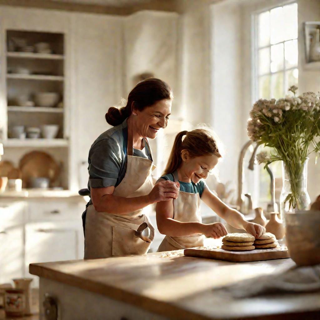 Мама с дочкой пекут печенье на кухне