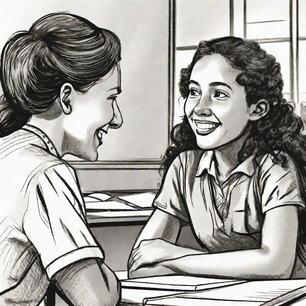 Портрет учительницы, беседующей с учеником в светлом классе