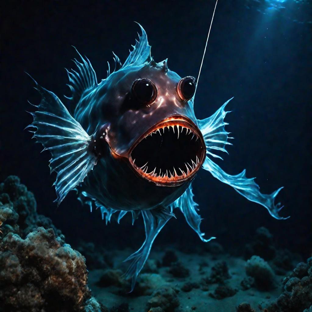 Глубоководная светящаяся рыба-удильщик с открытой пастью