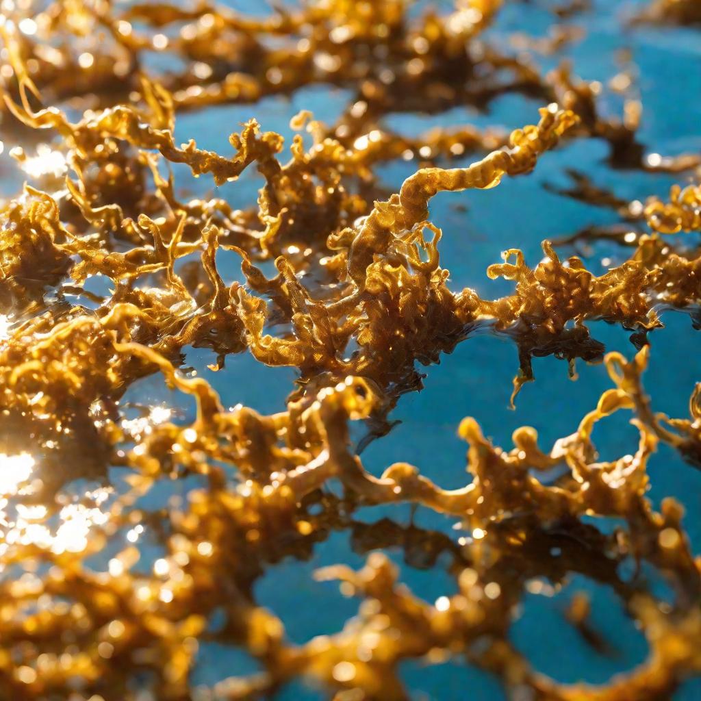 Крупным планом водоросли саргассум, плавающие на поверхности Саргассова моря, тепло освещенные солнцем в золотой час. У водорослей замысловатые спиралевидные разветвленные отростки и маленькие золотистые яйцевидные наросты. Мягкий солнечный свет светится 