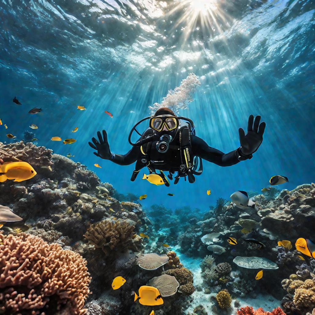 Подводный вид аквалангиста, зависшего в состоянии невесомости над красочным коралловым рифом в кристально чистых тропических водах Саргассова моря. Вокруг плавают стаи ярких тропических рыб. Лучи солнца пронизывают воду, освещая эту сцену. Аквалангист вни