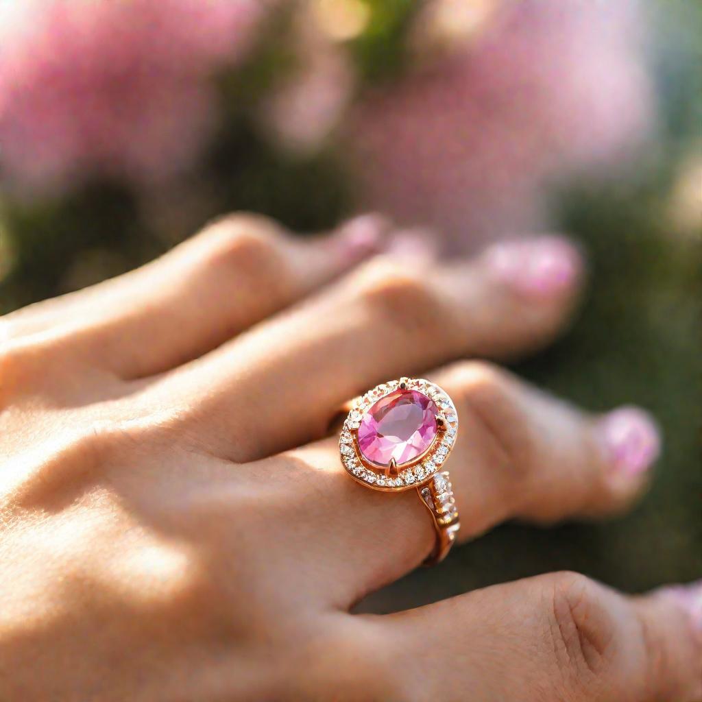 Кольцо с розовым фианитом на руке