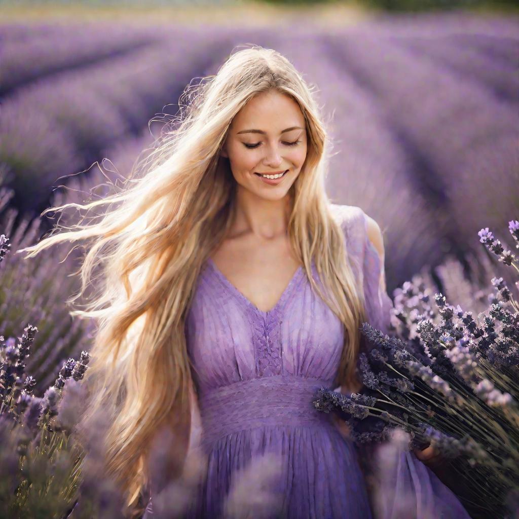 Женщина с закрытыми глазами улыбается в поле лаванды.