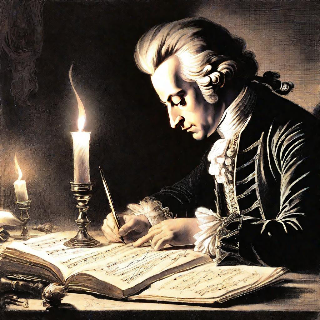 Крупный портрет Моцарта, сочиняющего свой знаменитый Реквием при свечах в темной комнате. Его выражение серьезное и сосредоточенное, перо быстро движется по бумаге, ноты стремительно заполняют лист. Освещение драматичное, но теплое, создает ощущение интим