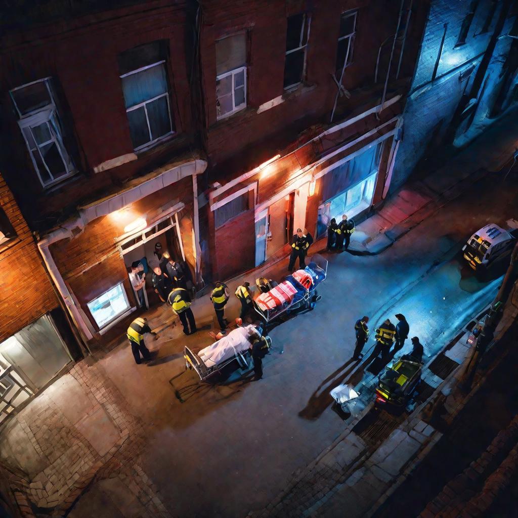 Бригада скорой помощи оказывает экстренную помощь молодому человеку с острым алкогольным отравлением в ночном переулке города