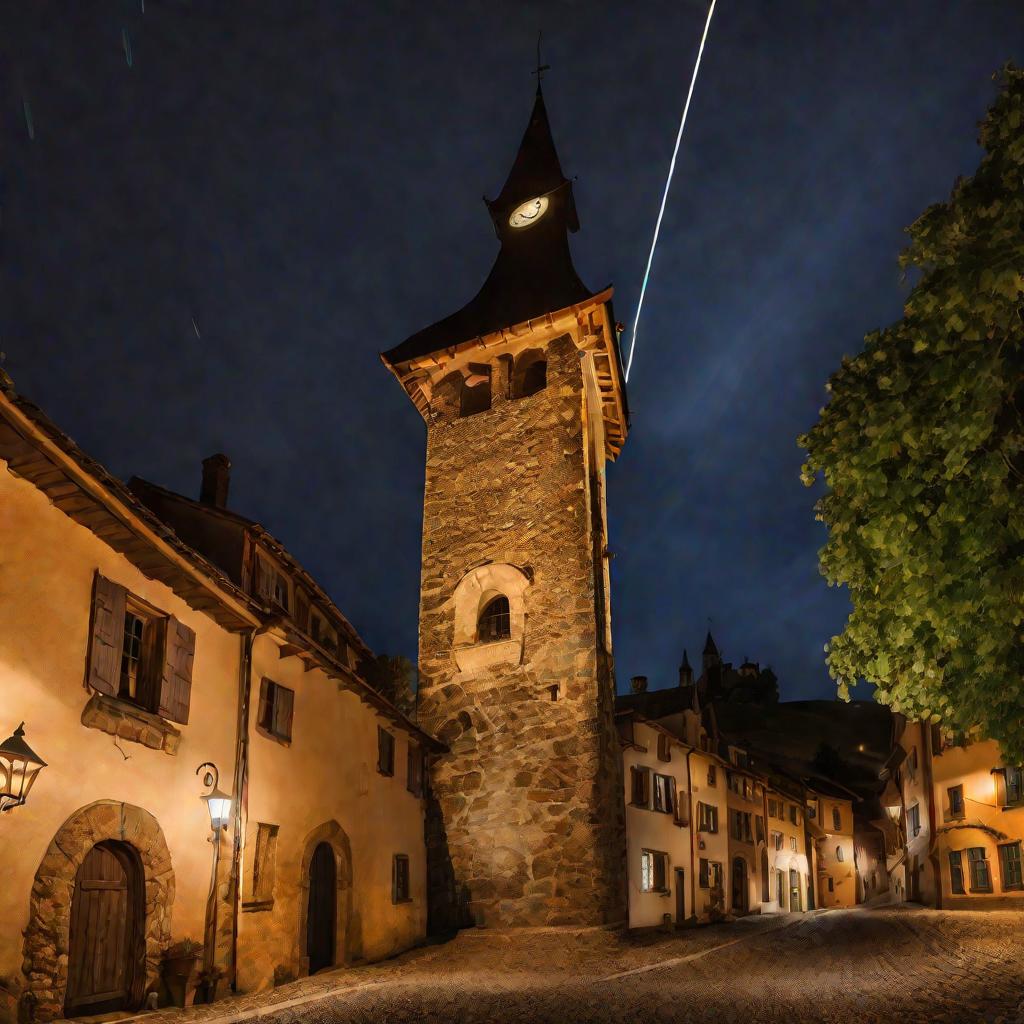 Ночной снимок старинной каменной часовой башни с огромным маятником Фуко, светящимся следом во время качаний