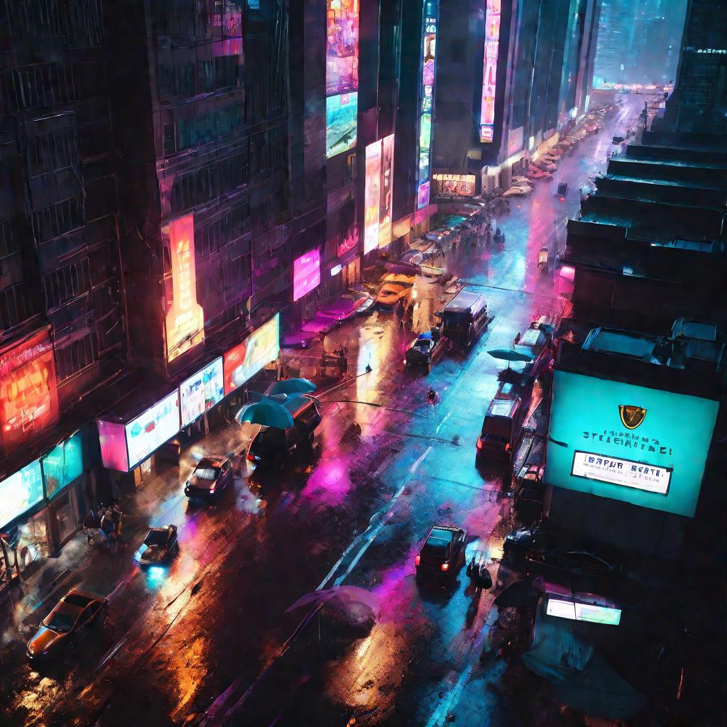 Вид ночной улицы в дождь с небоскребами