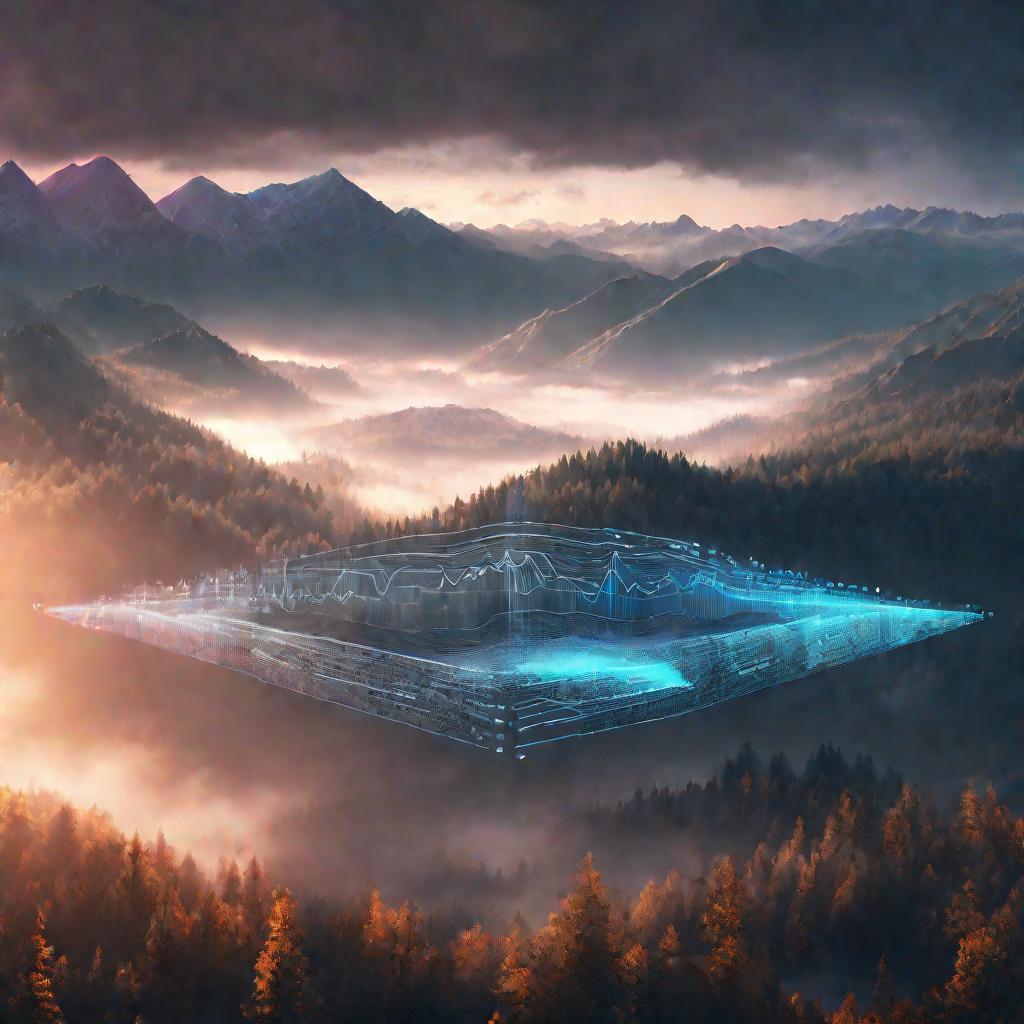 Рассвет в горах, на фоне голограмма с кодом