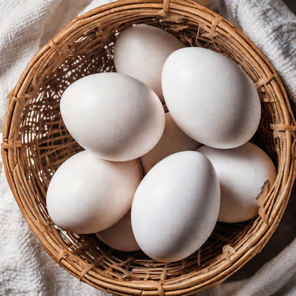 Три белых куриных яйца в корзинке на полотенце