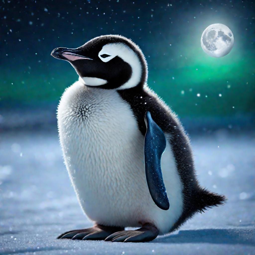 Птенец императорского пингвина на льду Антарктиды ночью