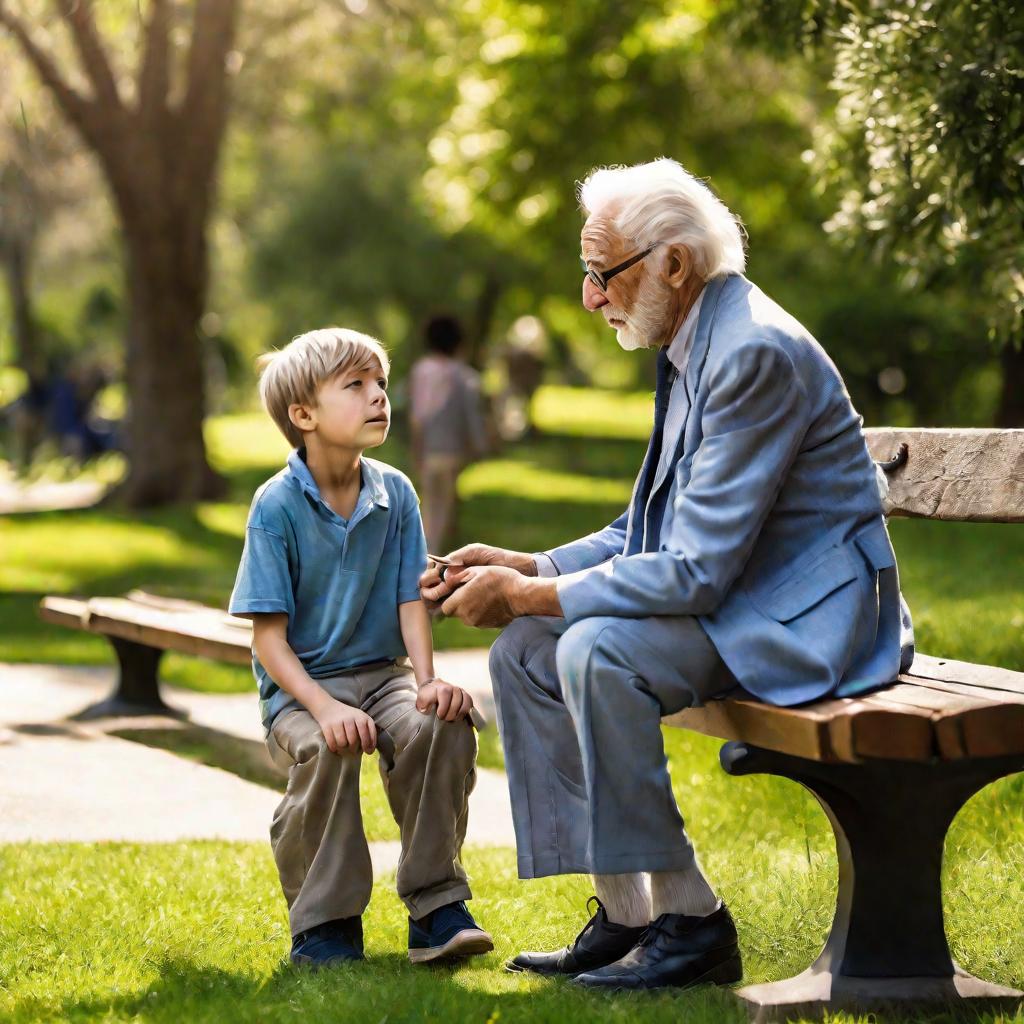 Дедушка учит внука в парке