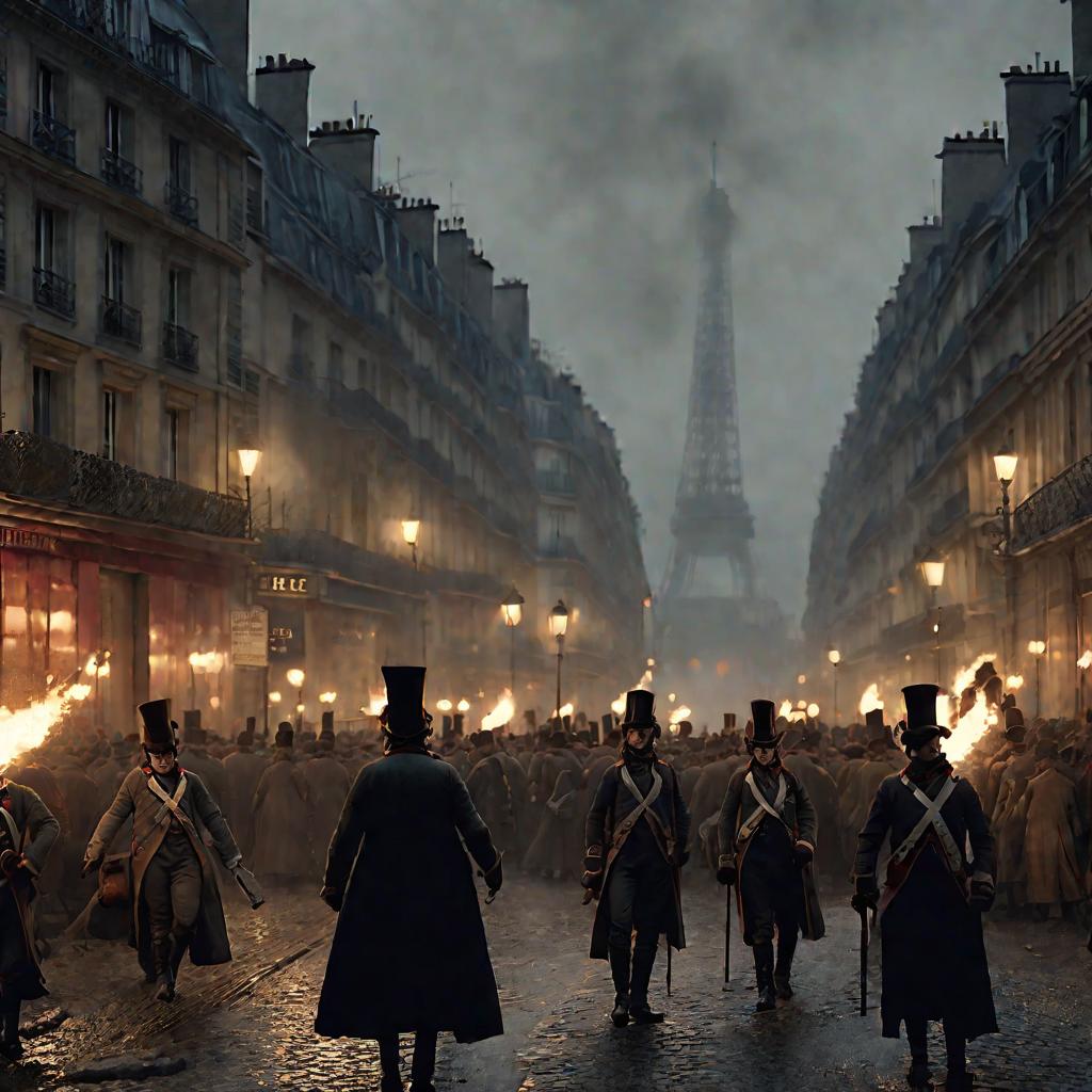 Париж 19 века во время Французской революции. Широкий вид улиц города. Толпы протестующих с факелами.