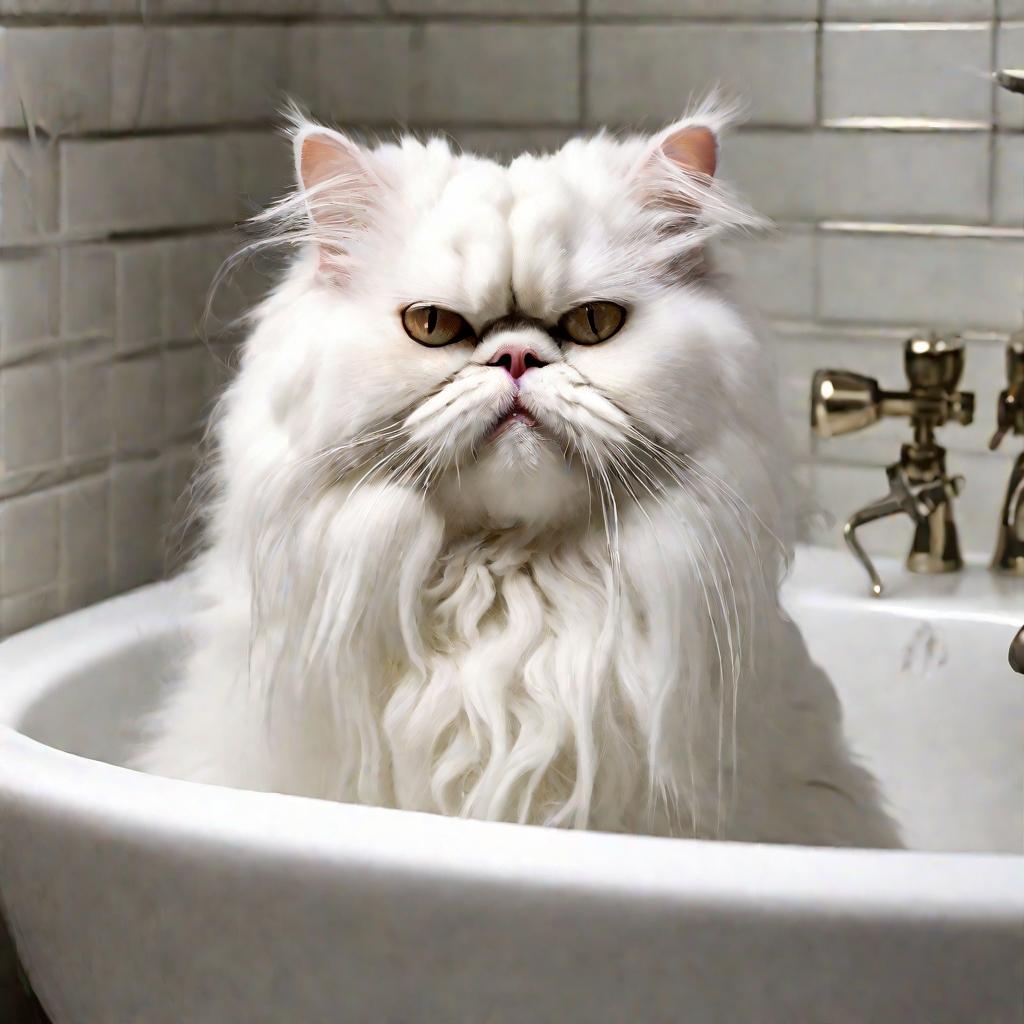 Персидская кошка недовольно сидит в раковине, полной воды, во время купания