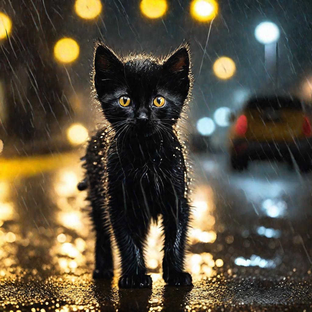 Маленький черный котенок стоит на мокром тротуаре ночью под дождем, дрожа от холода и испуганно озираясь.