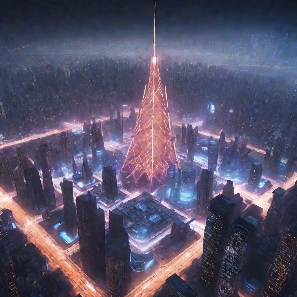 Фантастический городской пейзаж с небоскребом, напоминающим гигантскую атомную решетку кремния