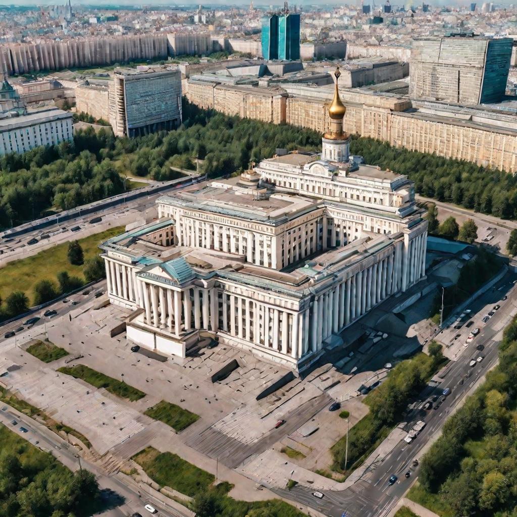 Вид сверху на здание Центробанка в Москве в солнечный летний день