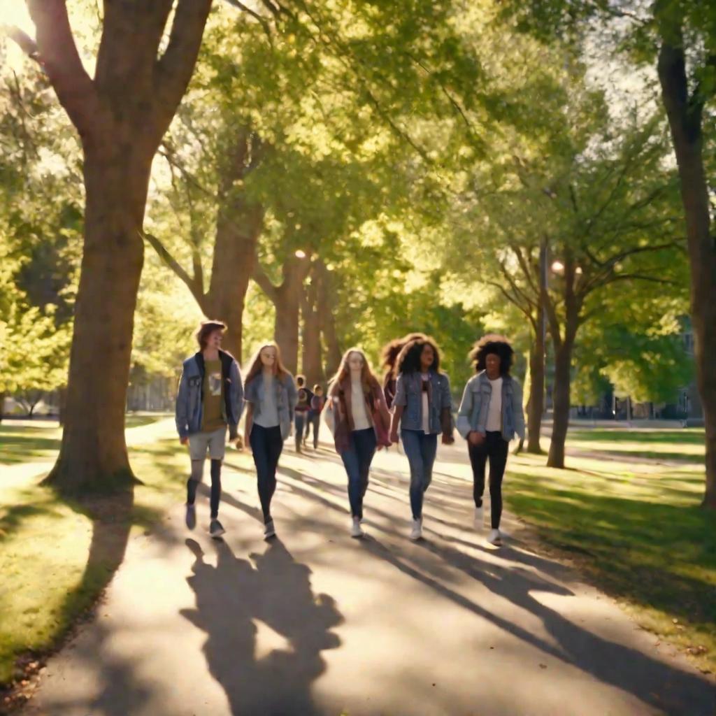 Группа подростков идет по аллее университета