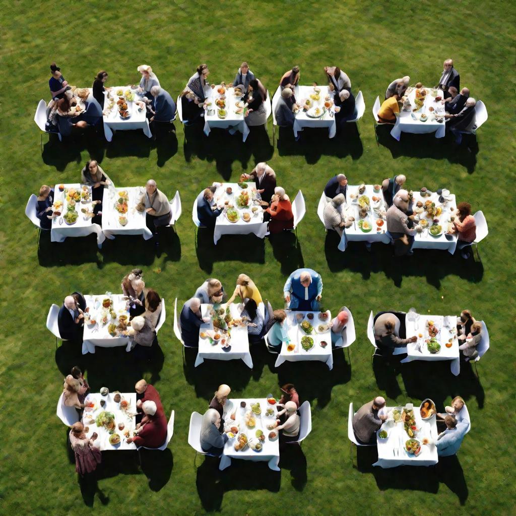 Люди всех возрастов сидят за общим столом на траве в парке в солнечный весенний день