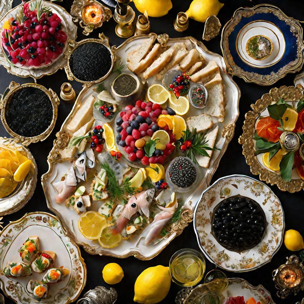 Празднично накрытый новогодний стол с традиционными русскими закусками.