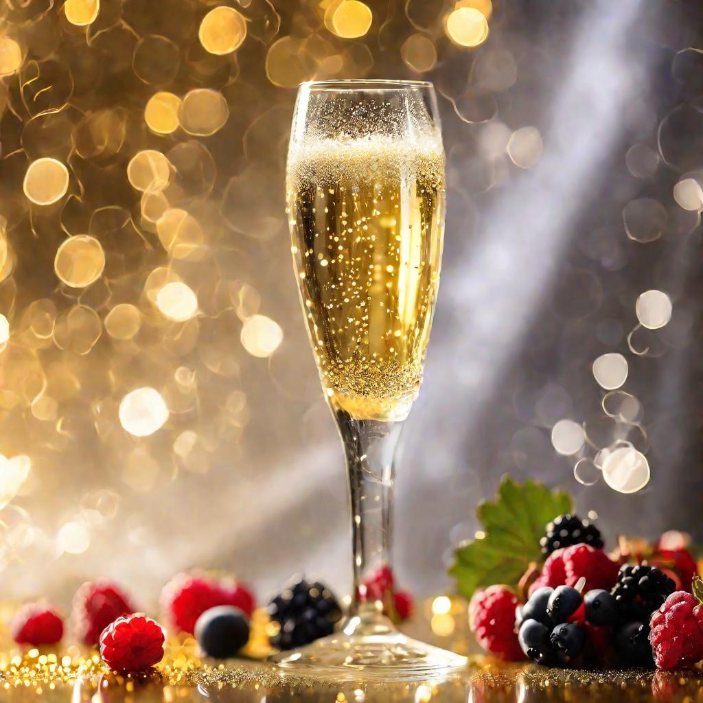 Бокал шампанского с ягодами на праздничном фоне.