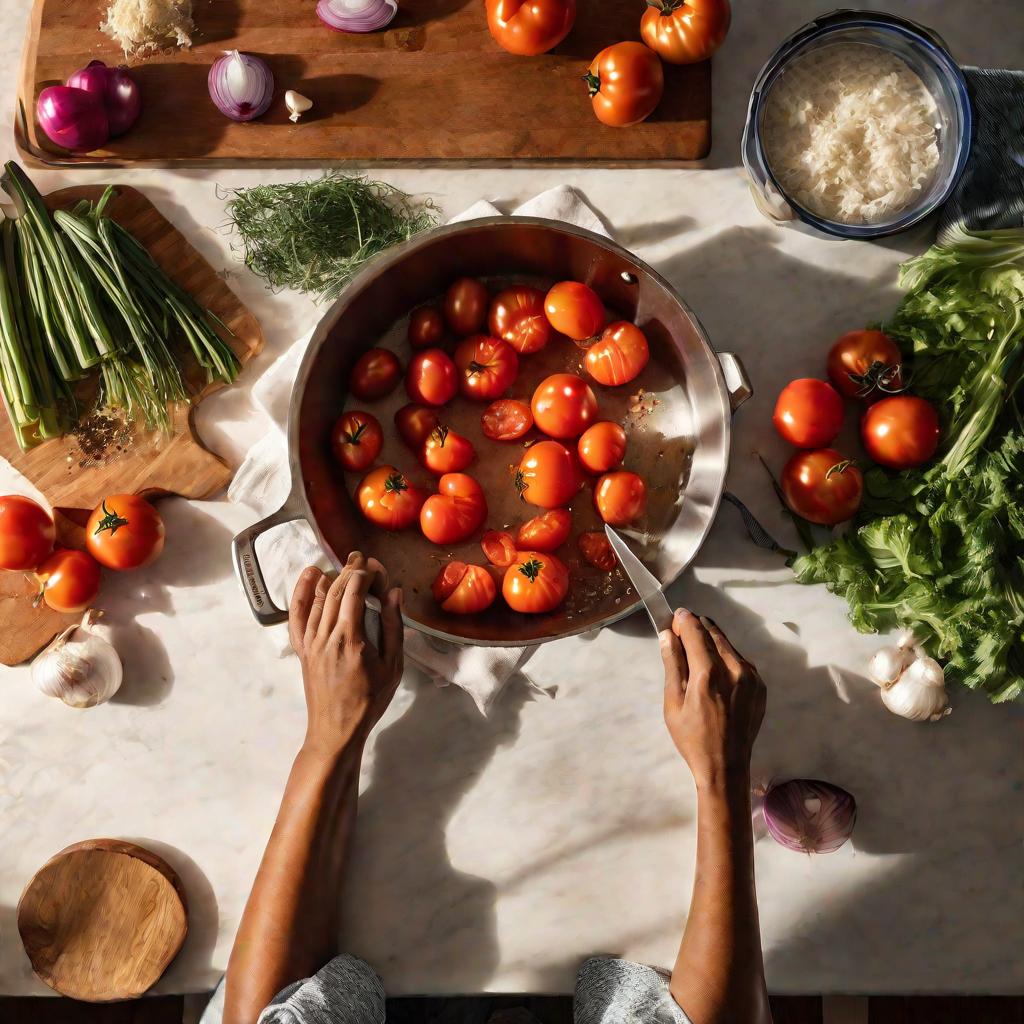 Руки женщины нарезают помидоры, лук, чеснок и морковь на кухне