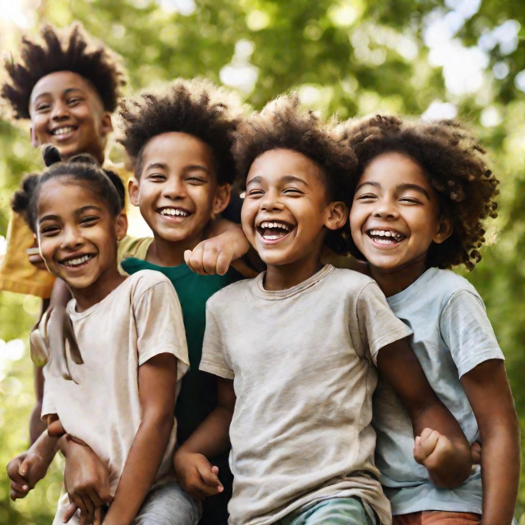 Портрет группы счастливых детей на природе