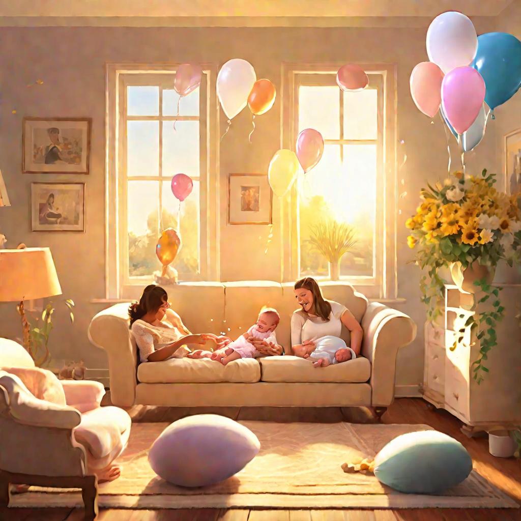 Семья празднует рождение ребенка в гостиной утром при солнечном свете