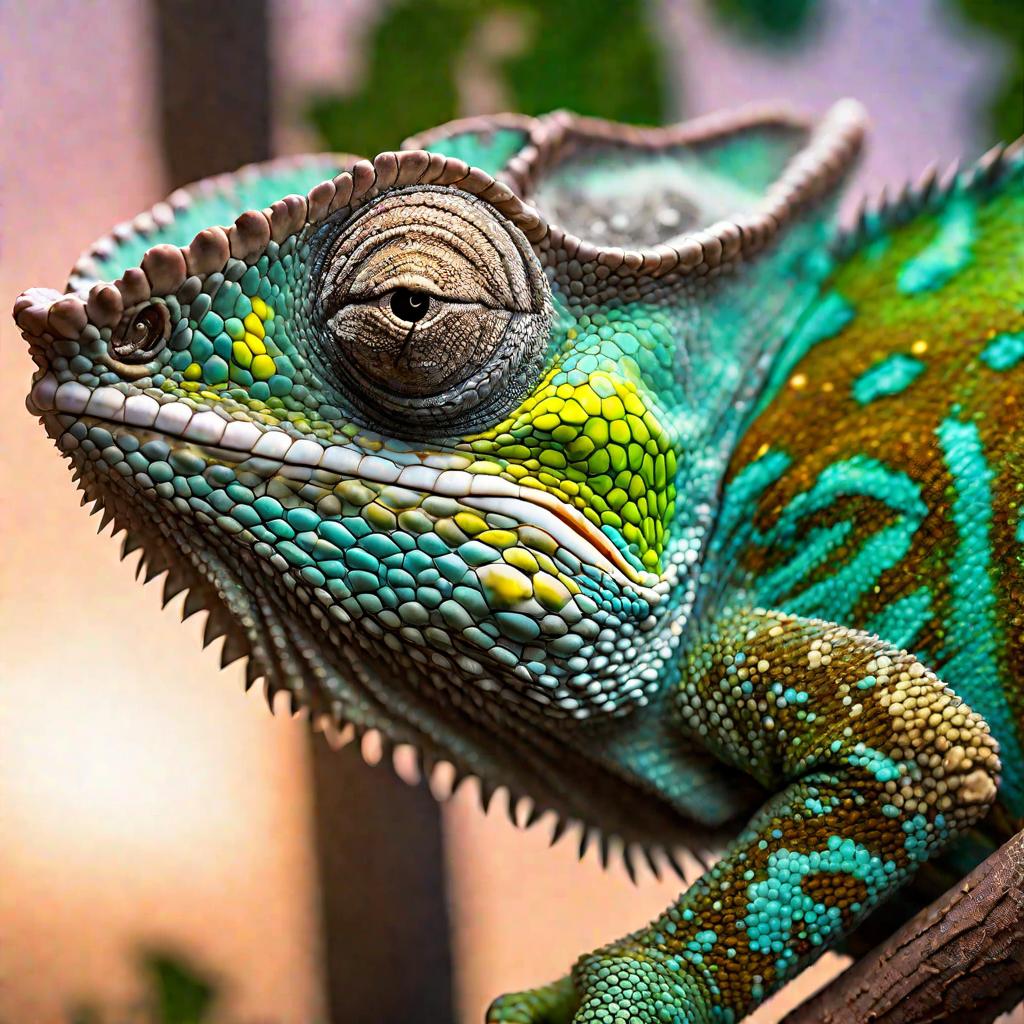 Портрет хамелеона, меняющего цвет кожи с зеленого на коричневый в сумерках