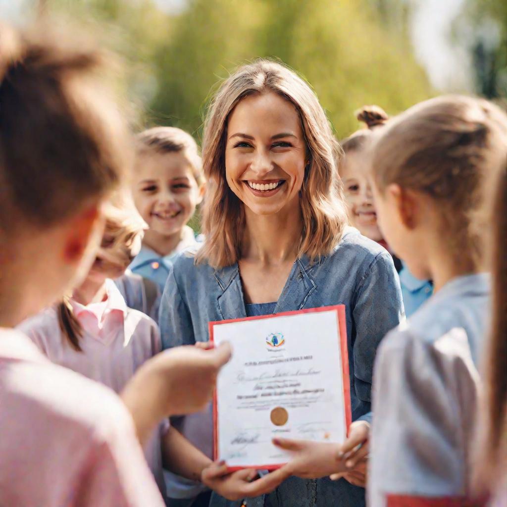 Портрет женщины учителя вручающей дипломы счастливым детям победителям соревнований дня здоровья на улице в хороший весенний день