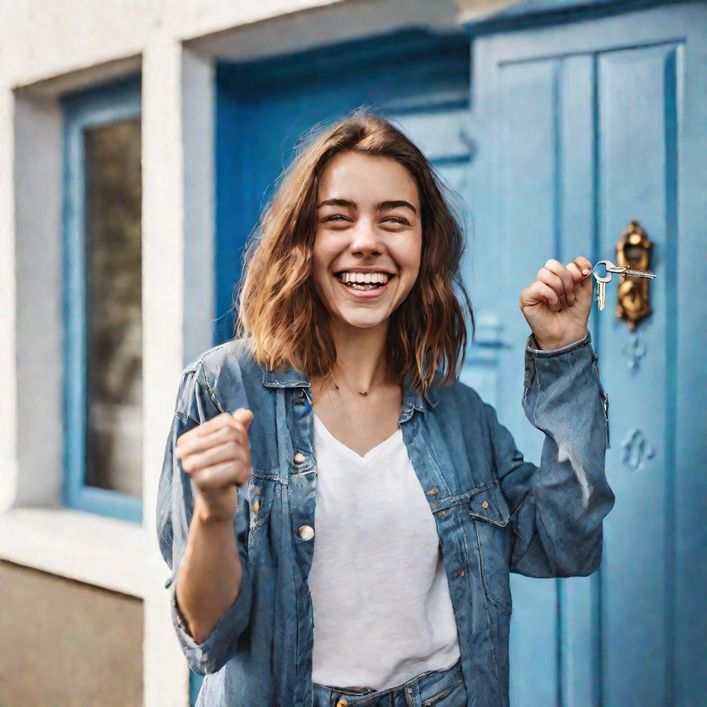Портрет счастливой молодой женщины с ключами от новой квартиры.