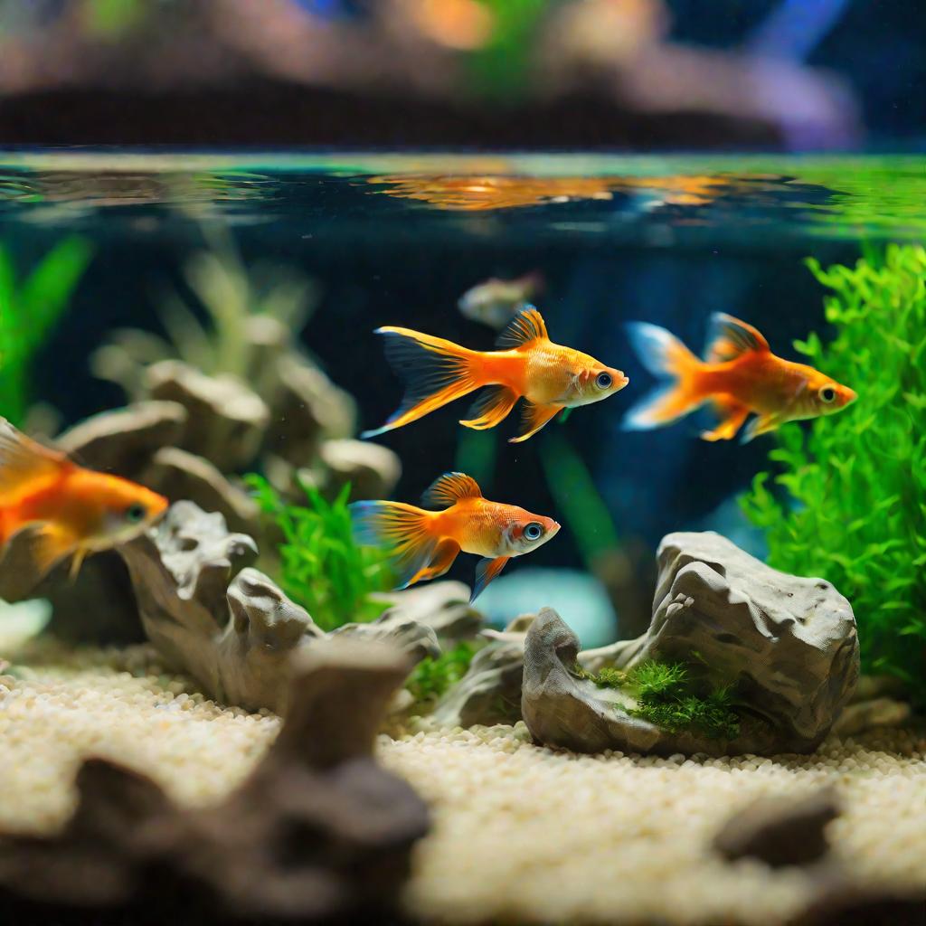 Несколько ярких оранжевых и синих самцов гуппи плавают стайкой в большом заросшем аквариуме
