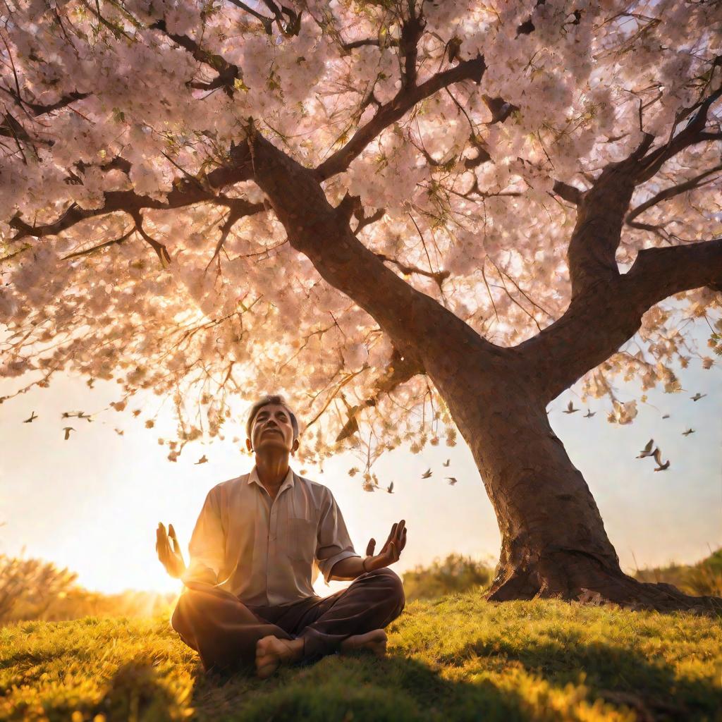 Мужчина медитирует под цветущим деревом на фоне драматичого заката