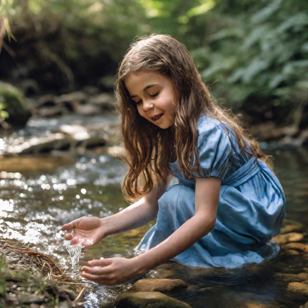 Девочка смотрит на воду в руках