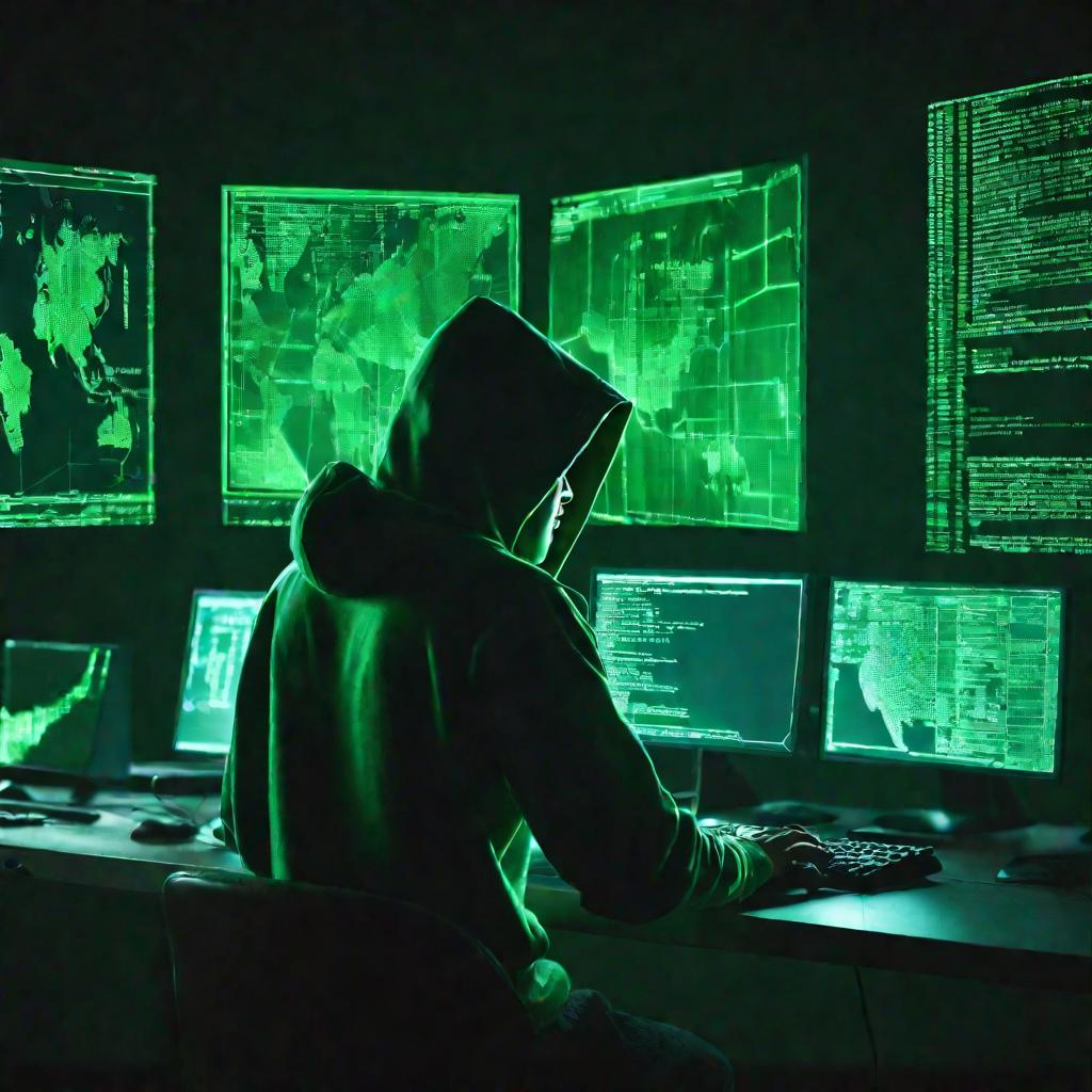 Хакер взламывает систему ночью в темной комнате